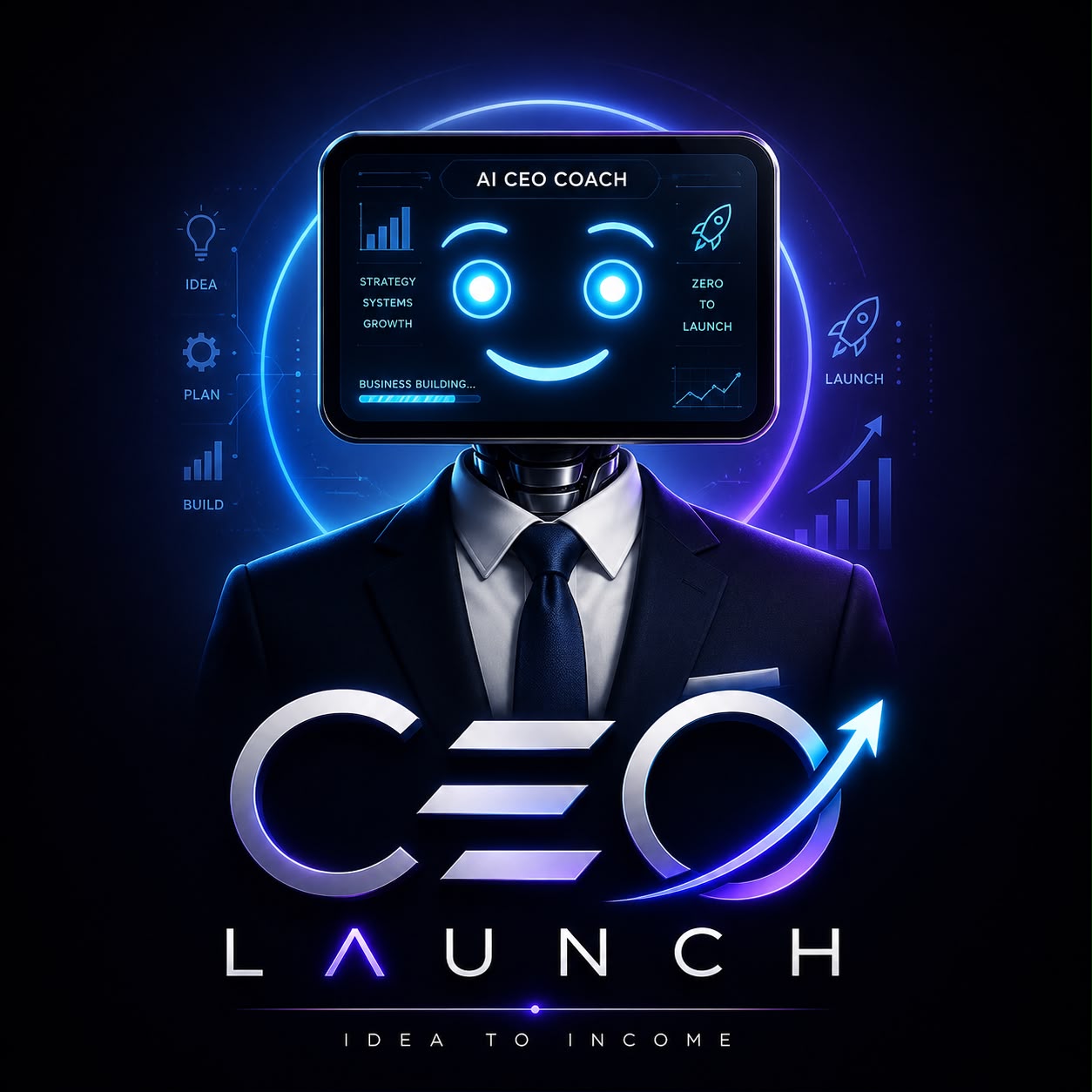 CEOLaunch AI CEO Coach mascot in a business suit